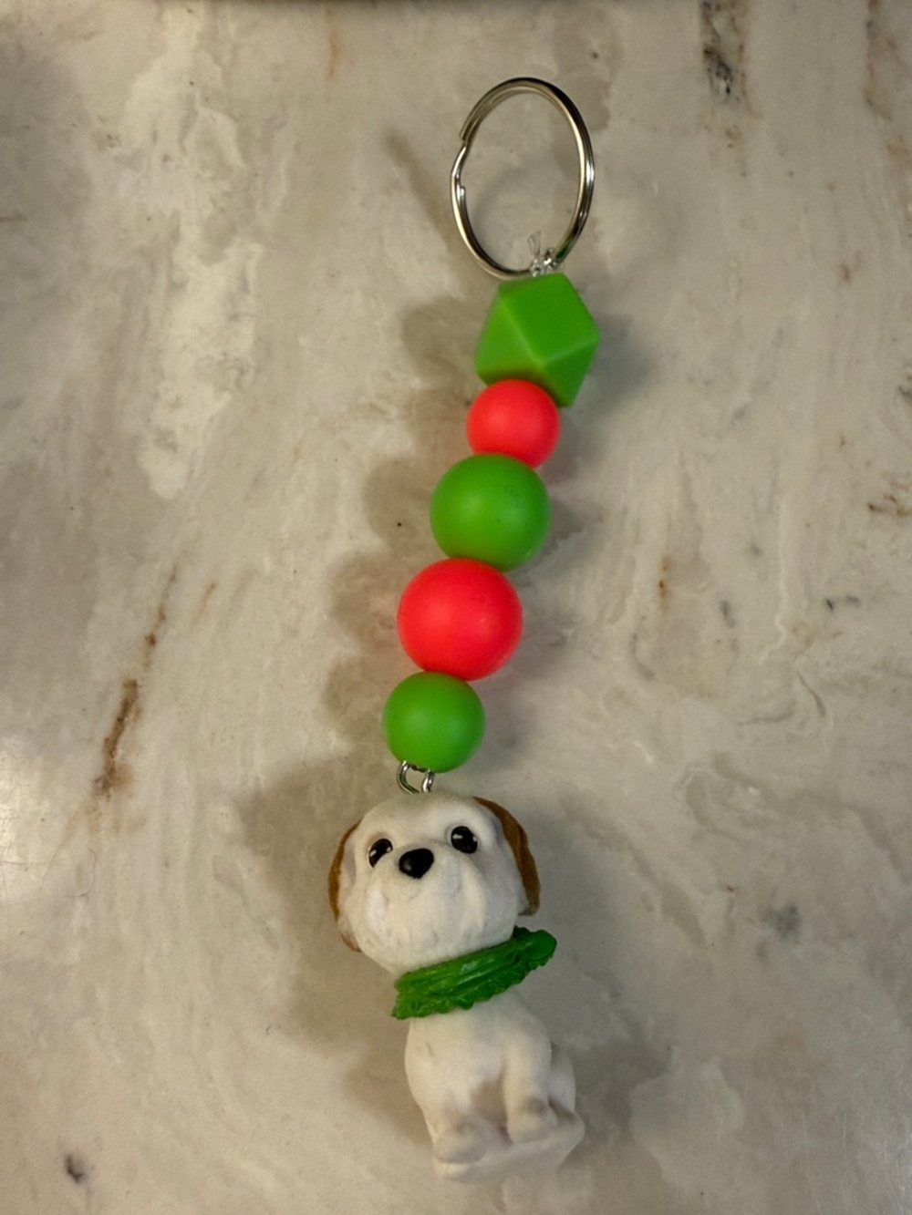 Dog Charm Keychain with Bright Green and Neon Pink Beads